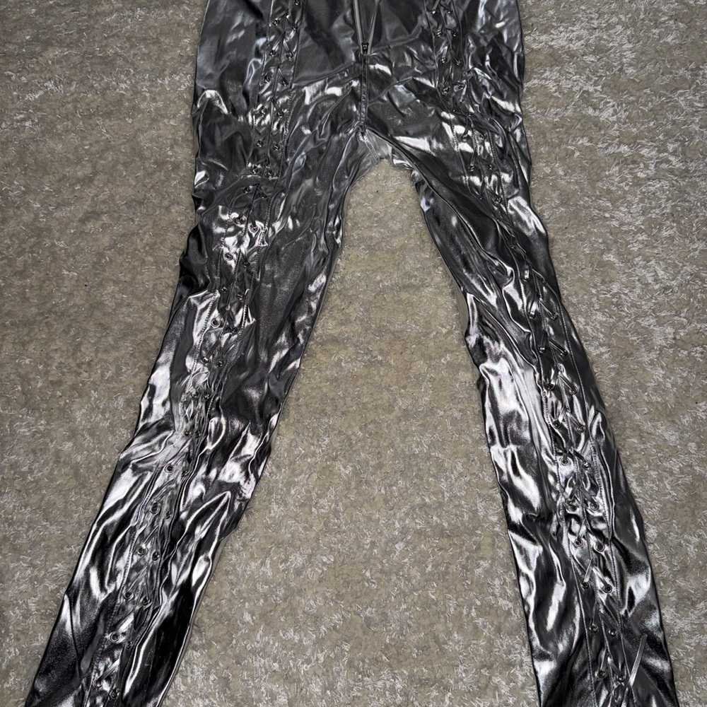 Shiny Silver Lace Up Pants